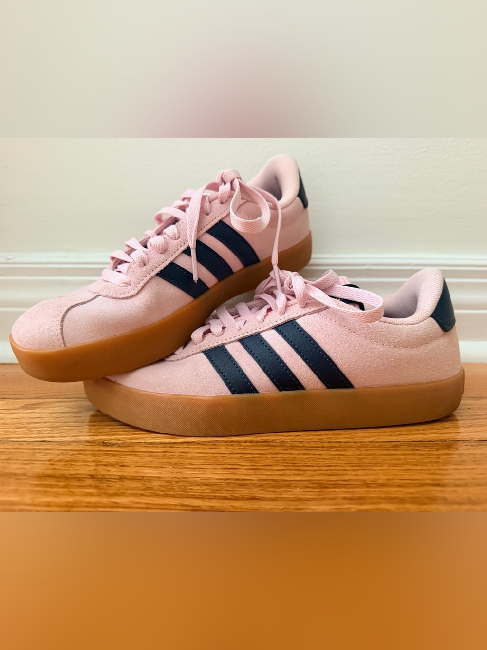 adidas Originals Pink Suede Sneakers with Navy Stripes